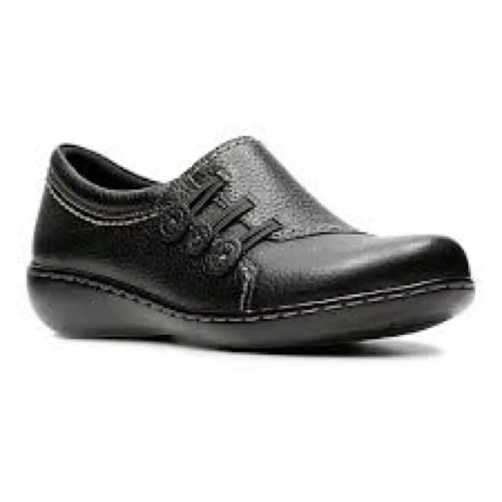 Clarks Ashland Effie Black Leather Slip-On Loafers Size 9 Comfort OrthoLite